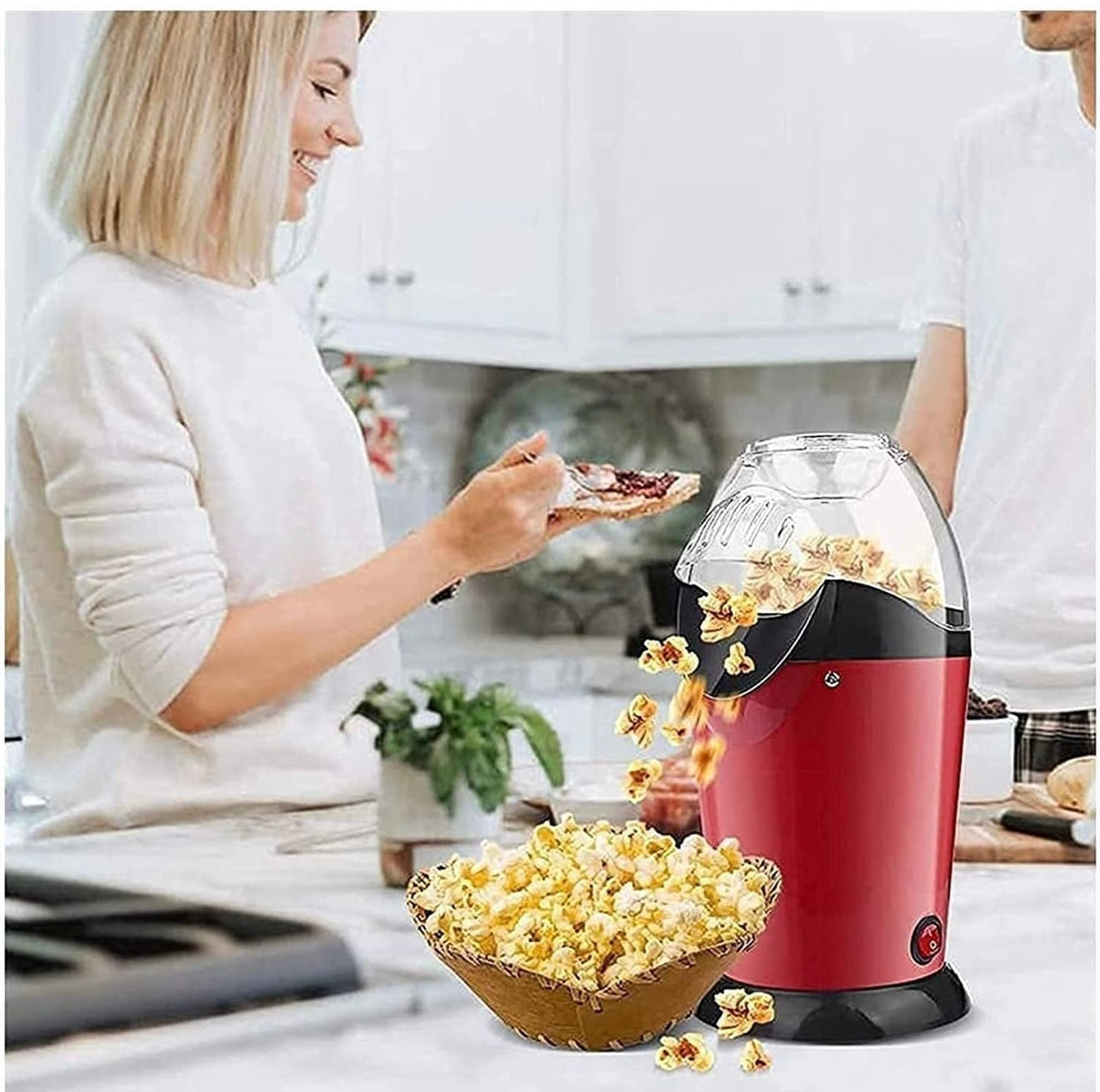 Onshoppy Popcorn Maker Instant Oil Free Popcorn Maker Machine with Measuring Cup 300 L Popcorn Maker (Red, Black)